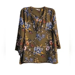 Everleigh Olive Floral Split Collar 3/4 Sleeve Blouse Shirt,  Size L